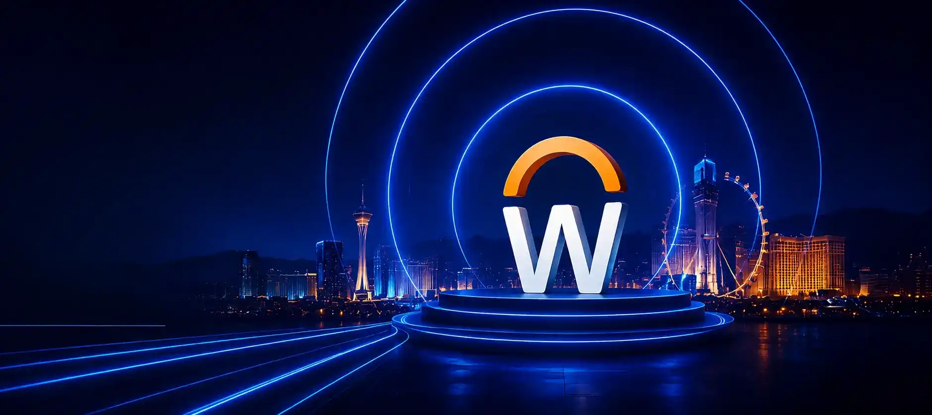 Workday logo on stage with Las Vegas skyline at night